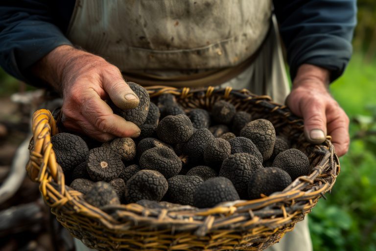 A white man displays freshly gathered black truffles in a basket